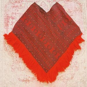 Women’s Vintage 1960s Red and Black Patterned Poncho with Fringe Handmade